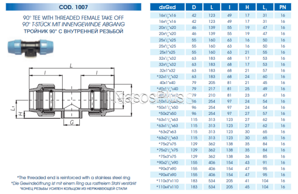 Тройник ПЭ 90° с внутреней резьбой Unidelta 110х4"х110 - Фото 2 Тройник ПЭ 90° с внутреней резьбой Unidelta 110х4"х110