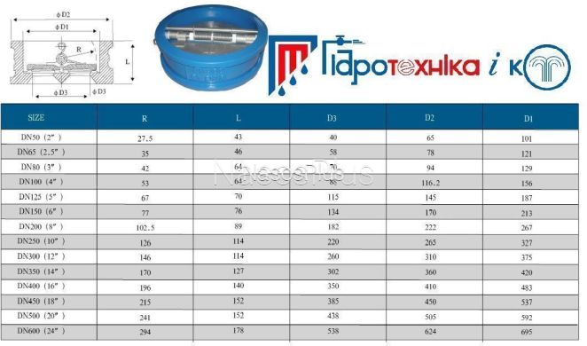 Клапан зворотній двостулковий міжфланцевий ДУ 150 PN16 - Фото 2 Клапан зворотній двостулковий міжфланцевий ДУ 150 PN16