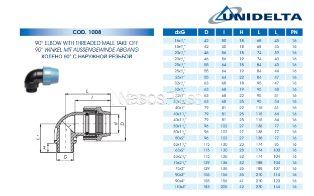 Коліно ПЕ 90&deg; з зовнішньою різьбою Unidelta 32х1"