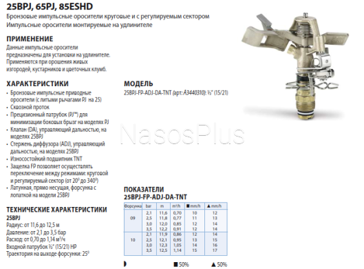 Імпульсний зрошувач 25BPJ-TNT-10 з форсункою #10 радіус 11,6 - 12,5 м 20°-340° траекторія 25° - Фото 2 Імпульсний зрошувач 25BPJ-TNT-10 з форсункою #10 радіус 11,6 - 12,5 м 20°-340° траекторія 25°