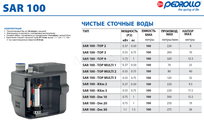 Pedrollo SAR 100 -TOP 3 Канализационная насосная станция