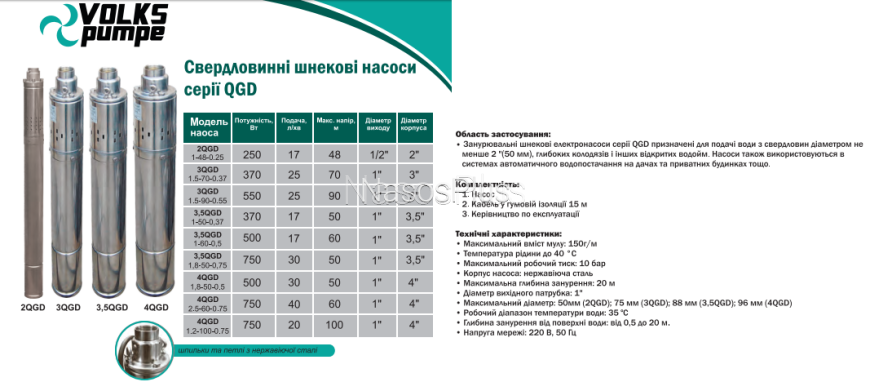 Глубинный шнековый насос VOLKS pumpe 3,5 QGD 1,8-50-0.75кВт + кабель 15м