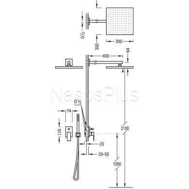 Душова система TRES CUADRO-TRES 106980 прихованного монтажу,два споживача,лійка 300*300мм Spain - Фото 2 Душова система TRES CUADRO-TRES 106980 прихованного монтажу,два споживача,лійка 300*300мм Spain
