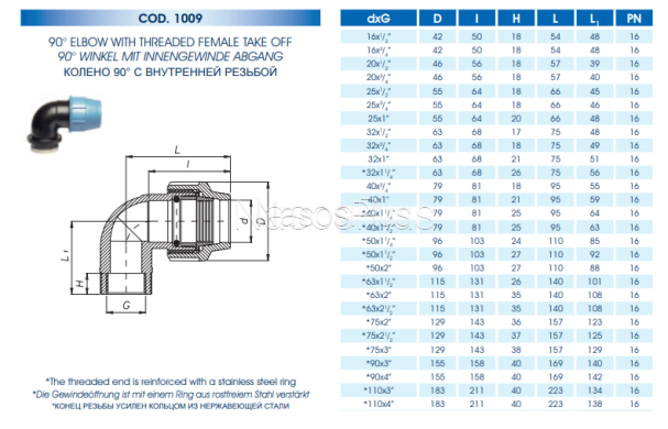 Коліно ПЕ 90&deg; з внутрішньою різьбою Unidelta 32х1 1/4"
