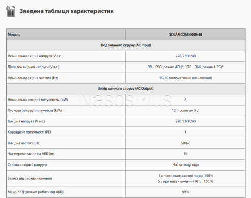 Инвертор гибридный SOLAR COM 6000/48 (6kW, 48A, 125А, Wi-Fi)