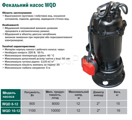 Насос фекальний VOLKS pumpe WQD8-12 0.9кВт