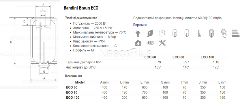 Бойлер BANDINI BRAUN ECO 80R - Фото 2 Бойлер BANDINI BRAUN ECO 80R